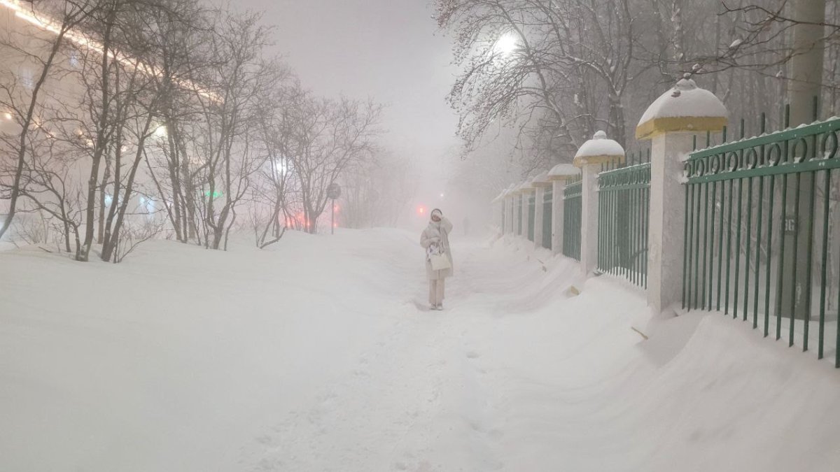 Человек идёт по городу в снегопад