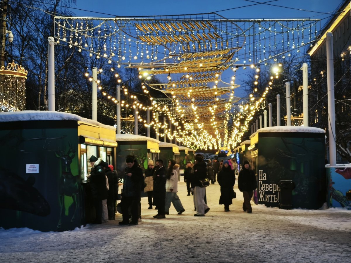 Туристы на торговой ярмарке в Мурманске
