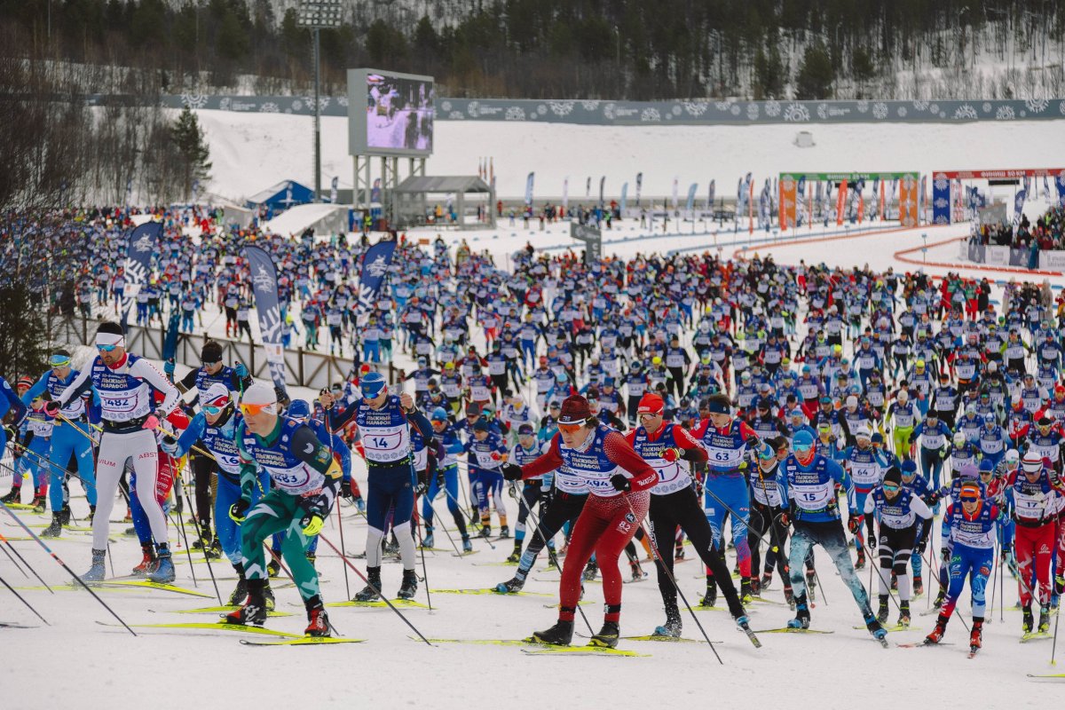 Бегут участники Мурманского лыжного марафона