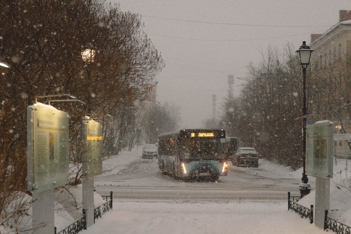 Автобус едет в метель.