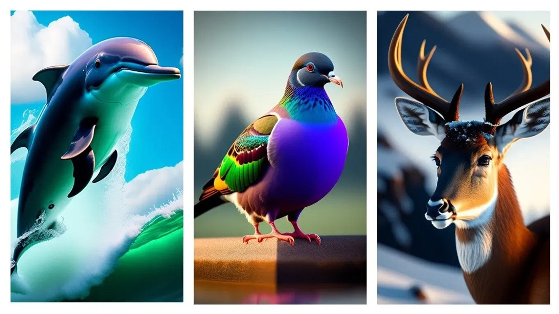дельфин, голубь и олень
