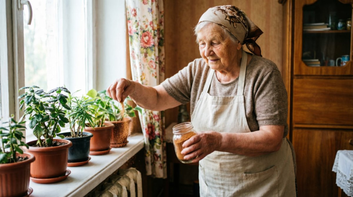 Бабушка посыпает цветочный горшок корицей