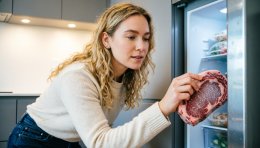 Девушка достаёт стейк из морозилки