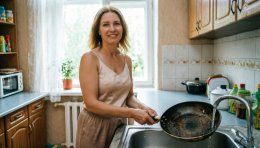 Женщина моет сковородку